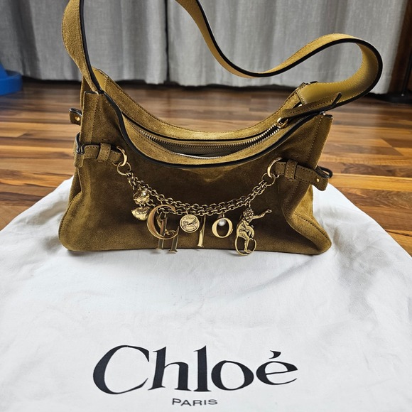 Chloe Handbags - Chloe Logo Charm Hobo Bag Khaki Suede Gold Shoulder Bag